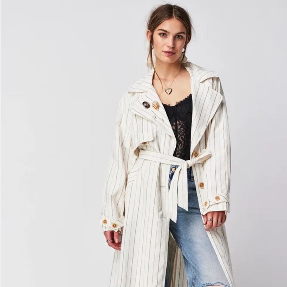 New free people Melia Mac Coat long sleeve boho linen blend plaid ecru striped - Picture 1 of 11